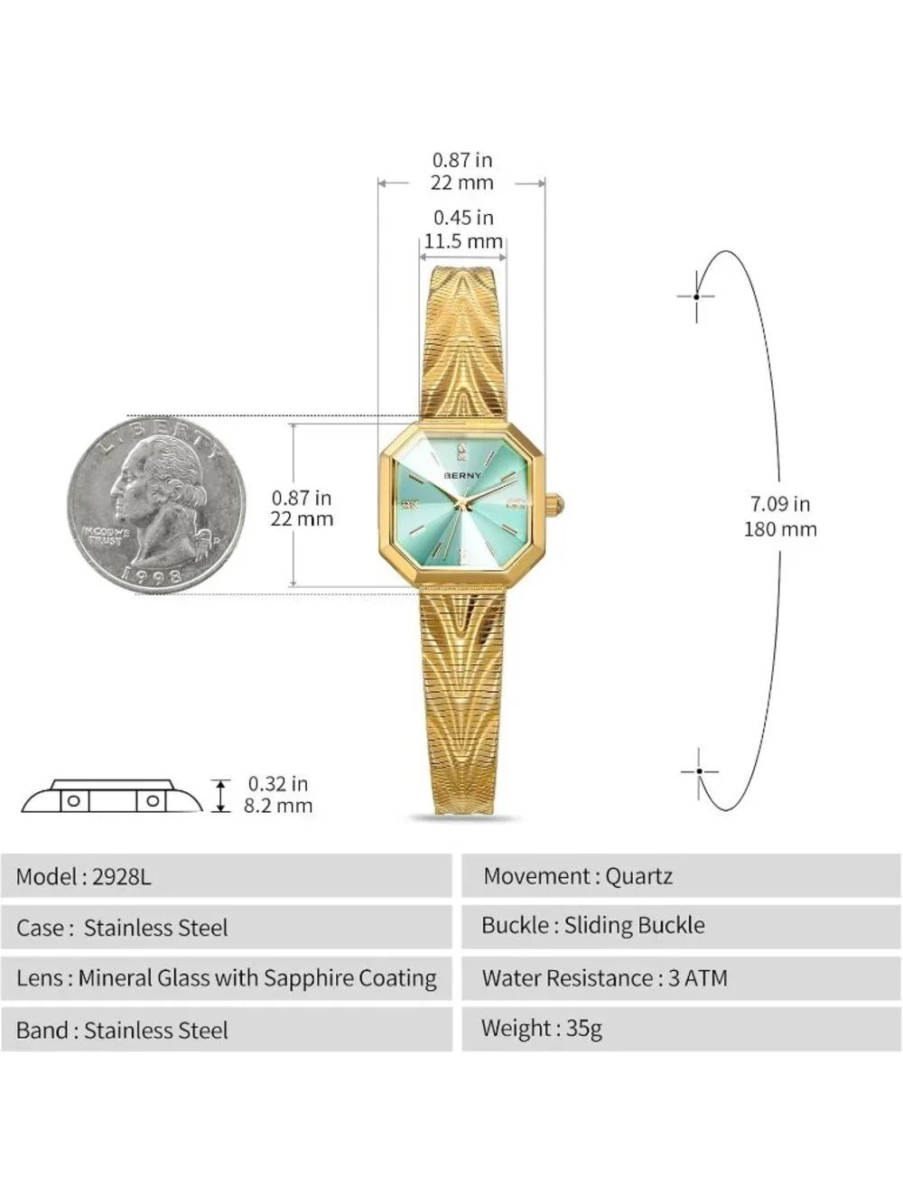 Women's  Light Blue Octagonal Case Waterproof Stainless Steel Luxury Wrist Watch